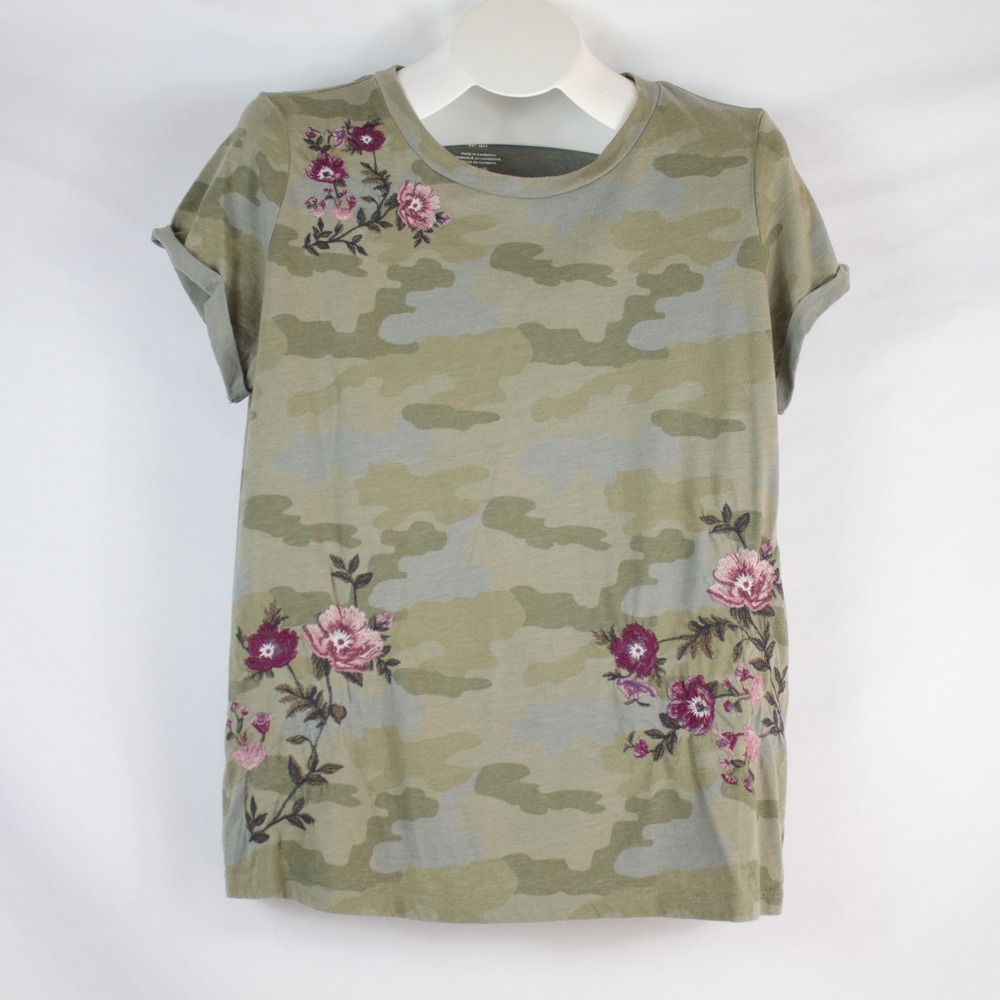 American Eagle Green Floral Camo Rolled Sleeve T-Shirt Women's Size Large